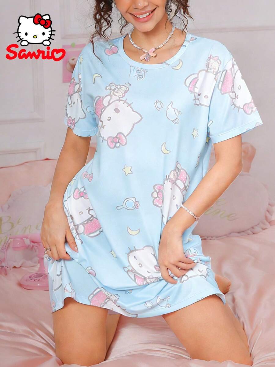 SANRIO 1 chiếc váy ngủ cổ tròn màu xanh nhạt và trắng, đồ mặc nhà thoải mái. - Màu xanh nhạt - Xem 1