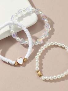 心形串珠手链套装 4 件装 珍珠聚合物粘土手工制作 儿童女孩青少年饰品 生日派对礼物 - 彩色 - 查看 3