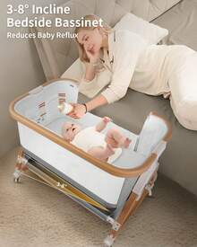 4 In 1 Baby Bassinet Bedside Sleeper (Cradle, Bedside Crib, Baby Bassinet With Wheels, Baby Crib With Mosquito Net) W/ Adjustable 7 Heights & Storage Basket, Breathable Mesh Rocking Bassinet For Newborn Infant Toddler, Gray - 灰色 - 查看 2