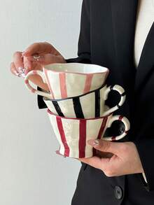 1个条纹锥形陶瓷咖啡杯，欧式简约陶瓷马克杯，水杯，陶瓷杯，高品质水杯，早餐杯，牛奶杯，果汁杯，下午茶杯，办公水杯，咖啡杯，礼品杯 - 彩色 - 查看 1