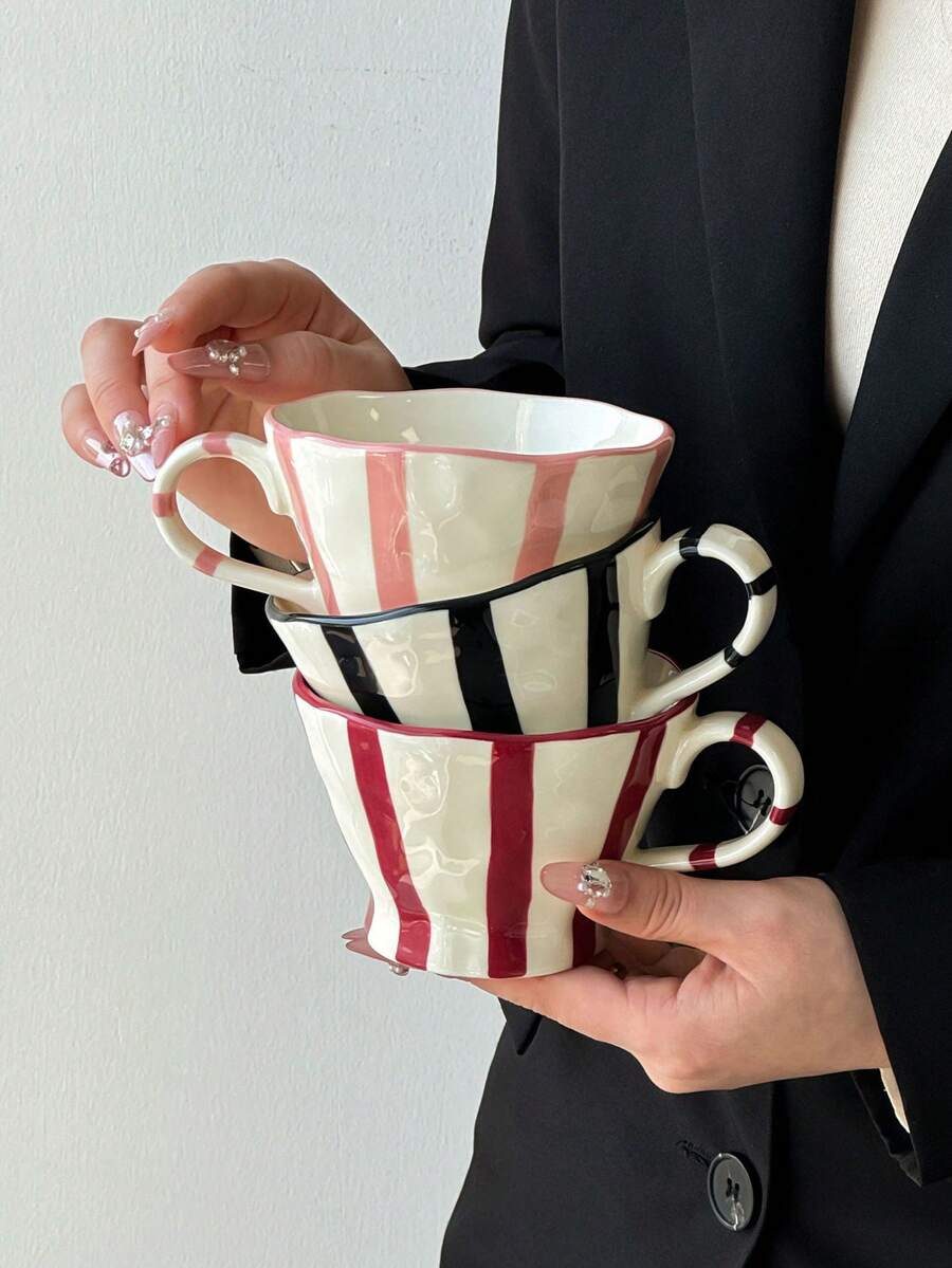 1个条纹锥形陶瓷咖啡杯，欧式简约陶瓷马克杯，水杯，陶瓷杯，高品质水杯，早餐杯，牛奶杯，果汁杯，下午茶杯，办公水杯，咖啡杯，礼品杯 - 彩色 - 查看 1