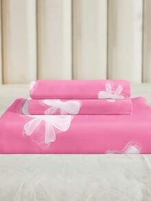 Bộ ga trải giường 3 món màu hồng nhạt phối nơ trắng in kỹ thuật số (1 ga trải giường + 2 vỏ gối, không bao gồm chăn bông), chất liệu sợi polyester mềm mại, thân thiện với da, thích hợp cho phòng ngủ, phòng ngủ chính, phòng khách, mọi mùa. - Nhiều màu - Xem 12