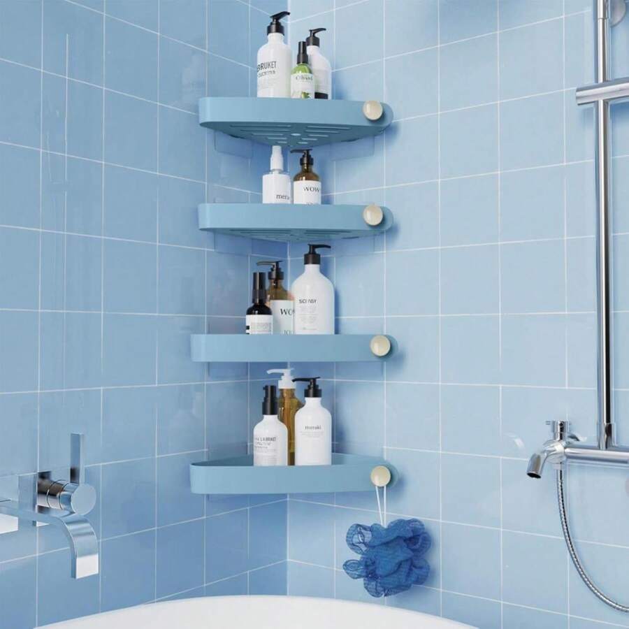 Sotfamily Plastic Shower Caddy Corner (For 90° Only), 4 Pack Adhesive Corner Shower Shelves For Bathroom Organizers And Storage, Light Blue - MàuC - Xem 1
