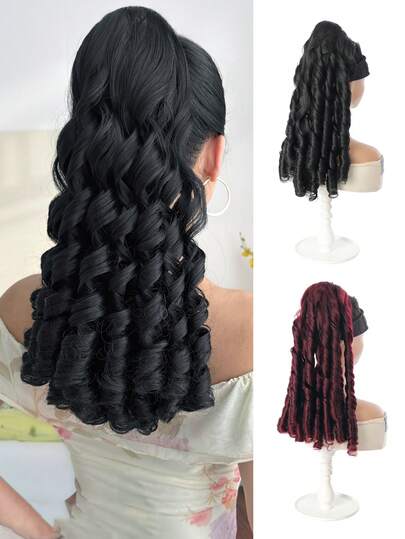 20 Inch Long Deep Wave Curly Ponytail, Synthetic Fiber Material, Pull Cord, Elegant Clip-On Ponytail, Black/Burgundy, Suitable For Women And Girls Daily Use And Vacation