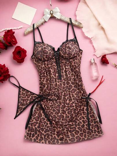 2pcs Leopard Print Lace Patchwork Sexy Lingerie Set, Comfortable Spaghetti Strap Nightgown & Backless Dress For Women