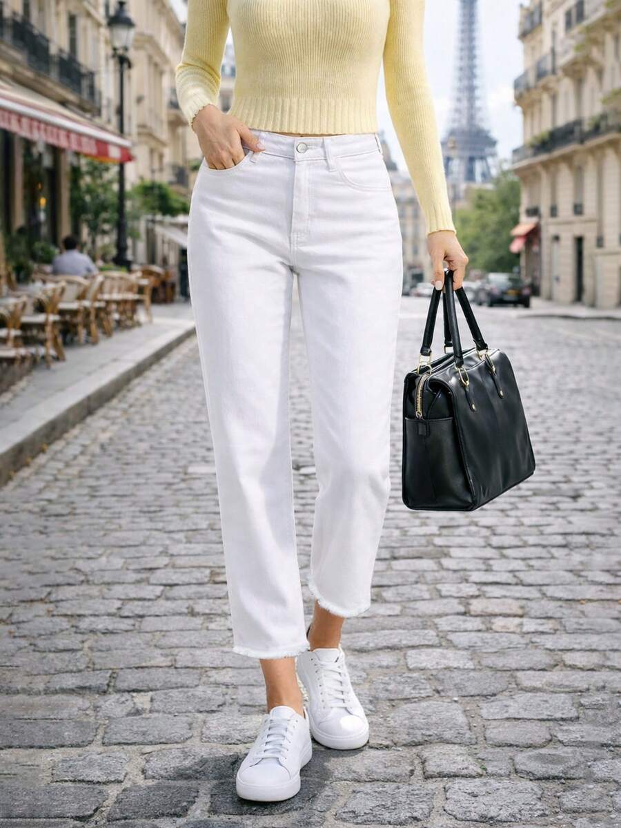Quần Jeans Ống Thẳng Màu Trắng Phong Cách Châu Âu & Mỹ Thời Trang Cho Nữ, Quần Thường Ngày Đa Năng Cho Mọi Mùa - trắng - Xem 1