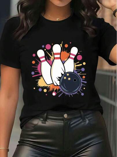 Women's Bowling Graphic Print Crew Neck Short Sleeve T - Shirt, Casual Colorful Splash Ink Pattern Tee Top With Bowling Pins & Ball Design For Daily Wear