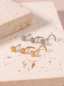 3Pcs Set Flower Nose Ring Set, Hypoallergenic Stainless Steel 18K Gold Plated - 20G, Washable, No Need To Remove, No Need To Care For Ear Piercings, S-Shaped, L-Shaped, And Straight Nose Rings, Piercing Jewelry Set - Multiple Styles - View 4