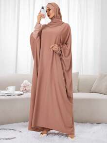 1件套头巾围巾及连帽长袍套装，穆斯林针织长袍，带头巾，女士祈祷吉尔巴布长袍，迪拜沙特阿拉伯土耳其伊斯兰风格端庄头巾