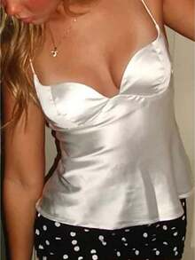2026 Women's Satin Basic Tank Top Spaghetti Straps Sleeveless Camisole Shirts Sweetheart Neck Crop Top Summer Going Out Basic Cami Shirt - 白色 - 查看 1