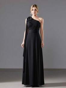 Bridesmaid Dress For Party Guests Reception Graduation Without Shine Cape Sleeve In Fluity - Black - View 3