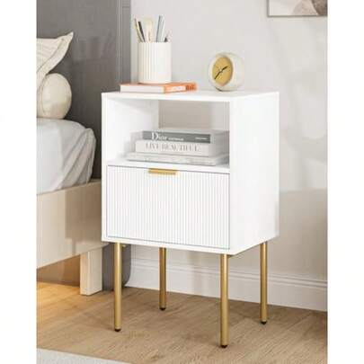 Odwmwhuh Night Stand Mid-Century Bedside Table With Storage Drawer And Open Wood Shelf Small Gold Frame Flueted Nightstand Side Table For Bedroom Living Room White Tall 25''