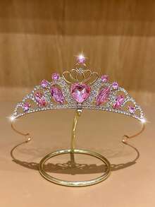 1pc Pink Heart Crown, Fashionable & Sweet Style Hair Accessory Suitable For Birthday And Performance - Multicolor - View 5