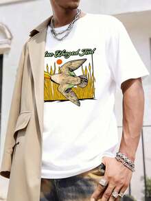 T-shirt bleu à imprimé graphique turquoise ailé, printemps, matière premium, coupe décontractée, respirant, style streetwear hip-hop, design graphique - Blanc - Voir 1
