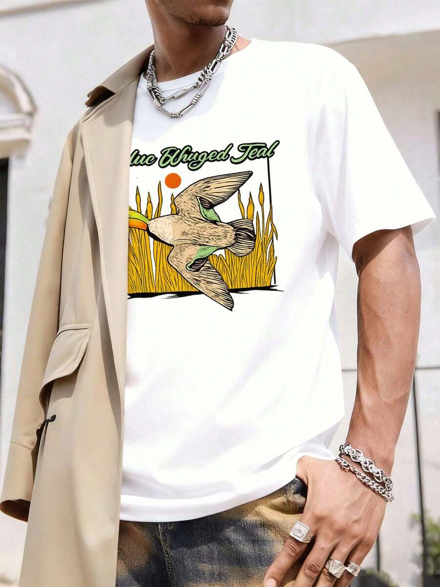T-shirt bleu à imprimé graphique turquoise ailé, printemps, matière premium, coupe décontractée, respirant, style streetwear hip-hop, design graphique - Blanc - Voir 1