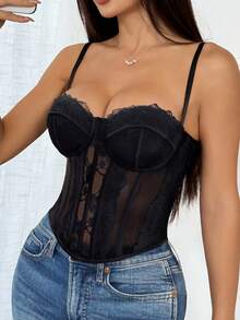 一件黑色蕾丝吊带束腰上衣，性感时尚，适合派对和约会 - 黑色 - 查看 2