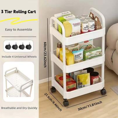 Carrito de pañales de plástico de 3 niveles con asa y ruedas, adecuado para la guardería, la cocina, el baño, la sala de estar y la mesita de noche, fácil de montar, estantería de almacenamiento móvil, carrito de almacenamiento multifuncional, esencial para la guardería, blanco