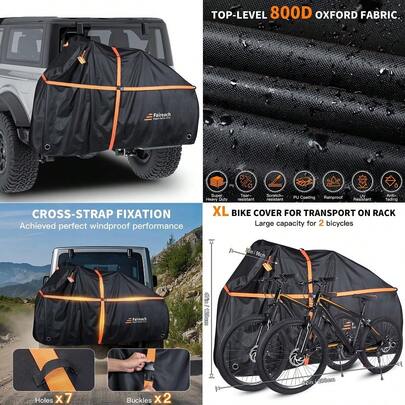 Heavy Duty Bike Cover For Transport 2 Bikes, Outdoor Bike Covers For 2 Bikes On Rear Bike Rack, Waterproof Windproof Electric Bicycle Cover With Straps Amp Storage Bag