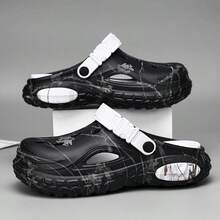 1 Pair Men's Lightweight Breathable Mesh Wooden Clogs, Hollow Slip-Resistant Garden Shoes, Casual Outdoor Non-Slip Thick-Sole Beach Sandals/Flip-Flops - Black and White - View 7