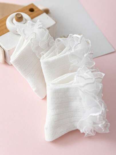 3 Pairs Baby/Toddler Socks, Solid Color Classic Minimalist Lace Trim Socks, Skin-Friendly Soft Comfortable Breathable Fashion Casual Princess Socks, Suitable For Daily Wear, Holidays, Back To School, Parties, Valentine's Day