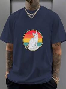 Imprescindible de moda Camiseta de manga corta con estampado de gato blanco en patrón circular de rayas coloridas - Azul Marino - Ver 1