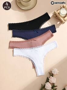 4件套浪漫蕾丝拼接蝴蝶结棉质弹力透气女士内衣套装 - 彩色 - 查看 3