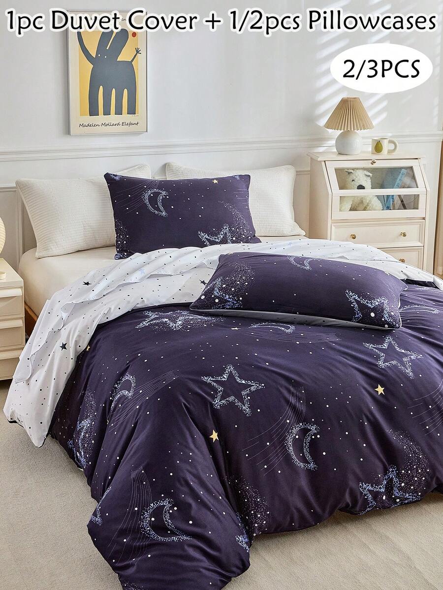 2/3pcs Moon And Star Printed Reversible Duvet Cover Set, Cute Cartoon Galaxy Bedding Set For All Seasons, Ultra Soft, Breathable, Machine Washable, Queen, King, Zipper Closure ( 1 Duvet Cover+ 1/2 Pillowcases, No Filler ) - Blue - View 1