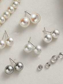1对优雅圆形珍珠耳钉，简约百搭珍珠耳环 - 米色 - 查看 1