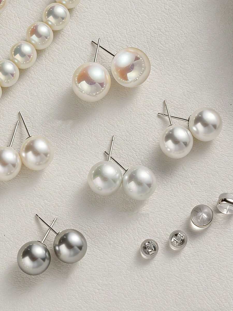 1对优雅圆形珍珠耳钉，简约百搭珍珠耳环 - 米色 - 查看 1