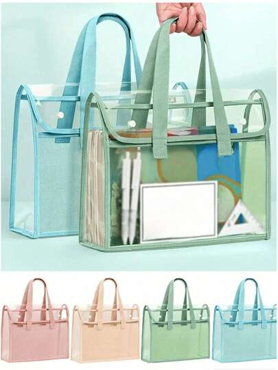 1pc Transparent Tote Bag - Large Student Storage Bag, PVC Cosmetic Organizer Bag, Sports Venue Transparent Bag, Large Capacity Portable Transparent PVC Document Bag - Expandable Self-Adhesive File Bag, Lightweight , Suitable For Office, School And Travel (Pink And Blue), Desktop File Storage Bag, Back To School Essential