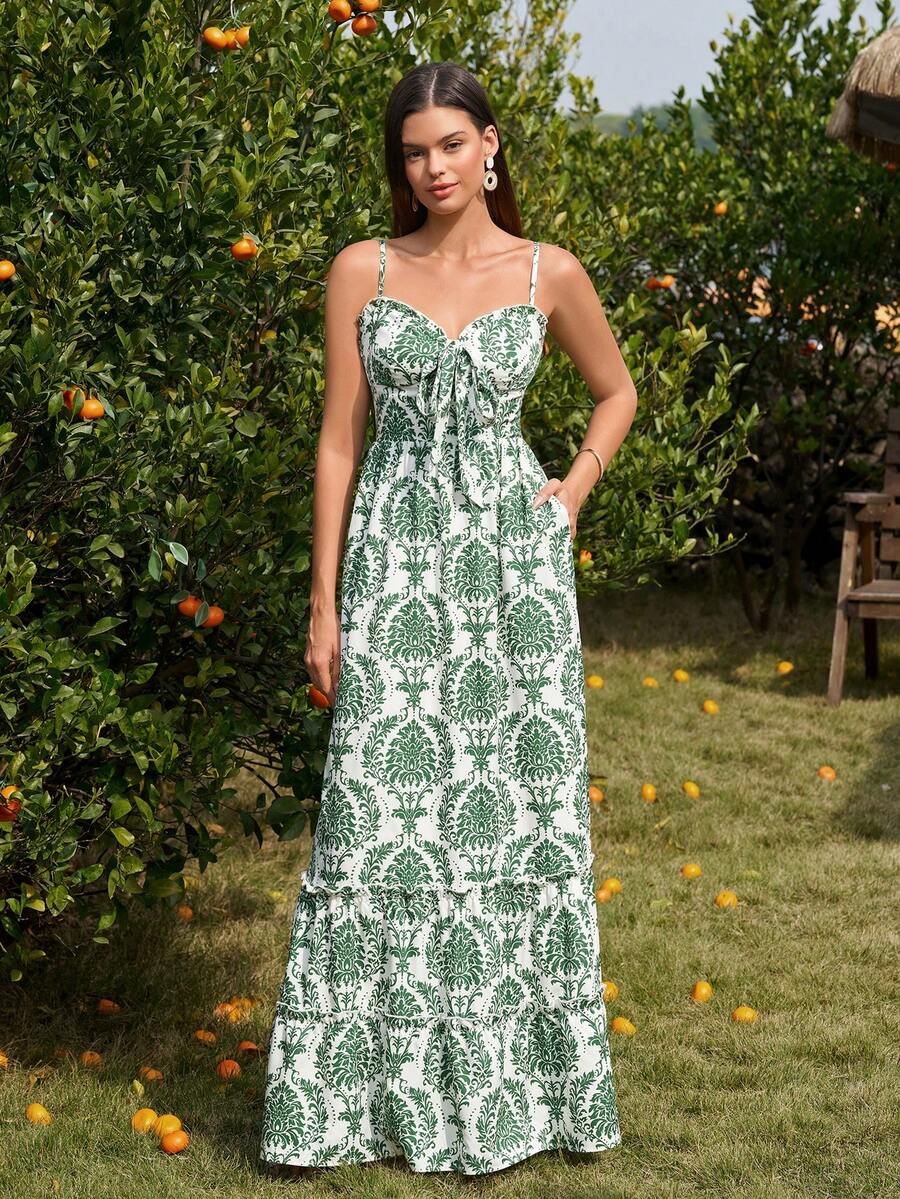 PARTHEA Women's Elegant Boho Cami Long Dress Sleeveless Spaghetti Strap Shirred Backless Smocking Flared Hem With Knot Detail Fabric Non-Stretch Casual Cute Patterned Maxi Dress - Green - View 1