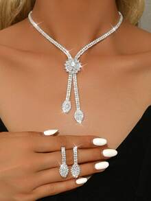 3pcs/Set Water Droplet Hollow-Out Design Bridal Women's Fashion Crystal Necklace Set, Luxurious Jewelry Set Suitable For Weddings, Birthday Gifts, And Parties. - Silver - View 8