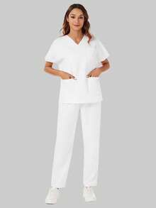 Worker Uniform Set: V-Neck Short Sleeve Top And Pants White Spring - White - View 9