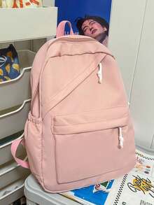 1pc Large Capacity Nylon Student Backpack, Minimalist Solid Color Bag, Suitable For College Students, Girl, Girls Travel Or Shoulder Bag - Pink - View 4