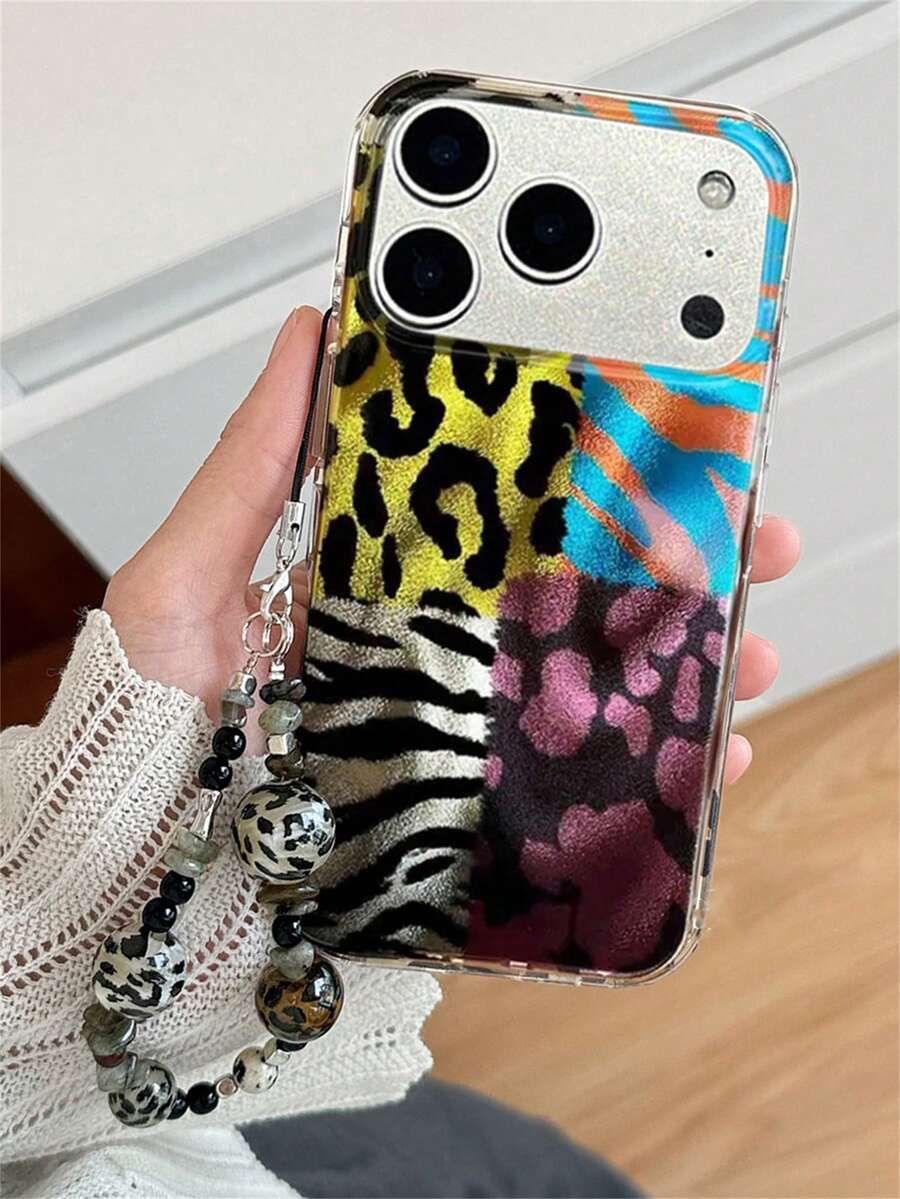Ốp lưng điện thoại thời trang, sáng tạo, bóng bẩy, họa tiết da báo nhiều màu sắc, tương thích với iPhone 17 Pro Max, 17 Pro, 17, 16 Pro Max, 16 Pro, 16, 15 Pro Max, 15 Pro, 14 Pro Max, 14 Pro, 13, 12 Pro Max, 11, 16, 15, 14 Plus, kèm vòng tay nghệ thuật sang trọng và ốp lưng chống rơi hiệu ứng sóng laser.