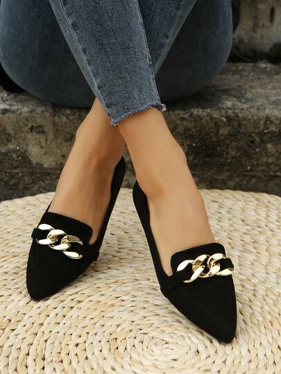 Women's Solid Color Bow Decor Pointed Toe Slip-On Flat Shoes, Casual Fashion Elegant Loafers, Comfortable Soft Bottom Daily Commute Office Shoes, Black, Spring/Autumn