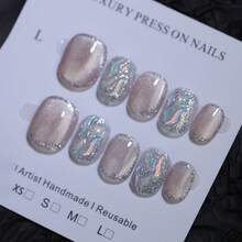 Luxury Shiny Glitter Grape Rhinestones Decoration 10pcs Short Round 100% Handmade Press On Nails Khaki Nude Cat's Eye Fake Nail Tips Reusable Manual Nails French Style For Party And Bride Nail Beauty False Nails Fast Use Nail Supplies - Khaki - View 12