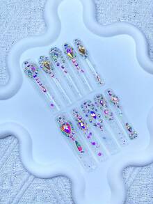 10片Y2K超长法式美甲贴片，全覆盖，手工制作，带有3D闪亮水钻装饰，完美适用于婚礼、派对、情人节、生日、圣诞节礼物，贴合度极佳，可重复使用，包含1片果冻胶/1片迷你磨砂贴，可拆卸美甲贴片套装，适合女士和女孩在节日派对和日常佩戴，美甲产品 - 彩色 - 查看 12