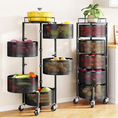 Fruit And Vegetable Basket Bowls For Kitchen With Metal Top Lid - 5 Tier Rotating Storage Rack Cart For Potato, Onion, Bread, Banana | Large Wire Basket Organizer On Wheels (Black) | Space Saving Pantry Cart, Modern Kitchen Decor, Versatile Produce Storage
