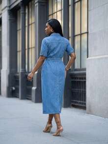 Women's High Waisted Denim Shirt Dress - Short Sleeve Button Front Midi Dress Soho Minimalist Aesthetic - Rửa trung bình - Xem 2