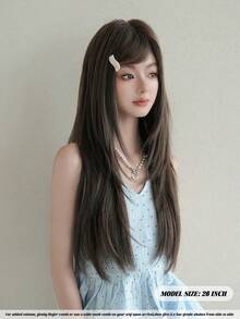 NAMM 26英寸棕色长直假发，高品质150%密度，时尚假发，适合女性日常派对佩戴，耐热合成假发，全机精制，美观大方，适合女孩日常佩戴、万圣节、音乐节派对、街头服饰、动漫角色扮演或服装搭配（自然层次纹理，轻盈舒适）。 - 棕色 - 查看 4