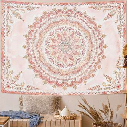 1件复古波西米亚曼陀罗挂毯 - 大型花卉壁挂，图案精美，非常适合装饰客厅或卧室，波西米亚风格家居装饰。