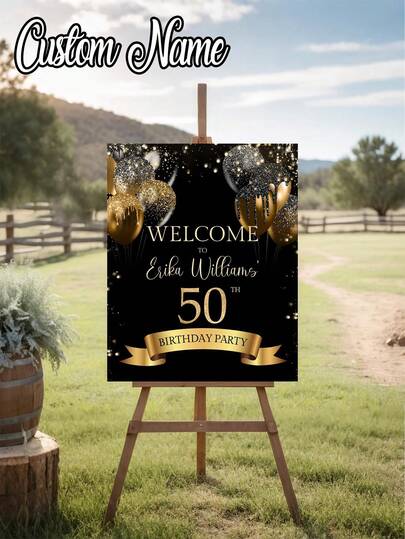 1pc Personalized Black & Gold Style Birthday Poster, Customized Birthday Welcome Sign Photo, Customized Frameless Canvas Poster - Personalized Wall Art, Wall Decor, Home Decor, Elegant Decor, Birthday Celebration Signage, Any Age, Poster Printing