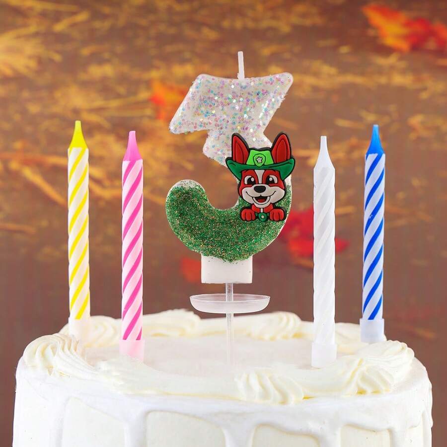 Paw Patrol 5支汪汪队主题数字蜡烛，1支数字蜡烛和4支柱状蜡烛，蛋糕装饰，派对闪光创意生日蜡烛，适用于各种节日装饰 - 彩色 - 查看 1