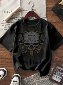 Women's Short Sleeve Graphic Tee Skull Print Casual T-Shirt Streetwear Loose Fit Crew Neck Summer Top With Punk Rock Skeleton Crossbones Pattern For Daily Wear - White - View 1