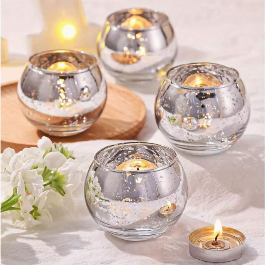 12PCS Glass Mercury Candlestick, Round 5x5cm, Modern Tea Cup, Modern Wedding Centerpiece, Party Home Dining Table Decoration - Silver - View 1