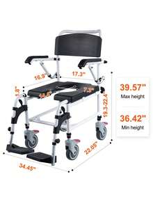 Shower Commode Wheelchair With 4 Lockable Wheels, Footrests, Flip-Up Arms, 3-Level Adjustable Height, 5L Removable Bucket, 350 LBS Capacity, Commode Chair For Adults Seniors - Black and White - View 10
