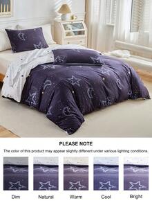 2/3pcs Moon And Star Printed Reversible Duvet Cover Set, Cute Cartoon Galaxy Bedding Set For All Seasons, Ultra Soft, Breathable, Machine Washable, Queen, King, Zipper Closure ( 1 Duvet Cover+ 1/2 Pillowcases, No Filler ) - Blue - View 5