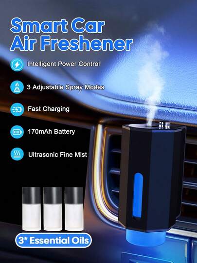 Şarj Edilebilir Esansiyel Yağlı Araç Hava Temizleyici Difüzör - 3 Çalışma Modu, Ayarlanabilir Koku Gücü, Evrensel Havalandırma Klipsi, LED Işık Göstergeleri ve Araç İçi Hava Temizliği için Koku Salınımı Özellikli Akıllı Aroma Difüzör