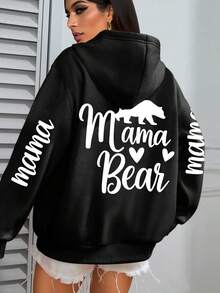 Women'S Mama Bear Graphic Hoodie In White Featuring A Black Bear And Heart Design, Casual Wear In Fall And Winter, Made From A Comfortable Blend, Bear-Themed Apparel - Black - View 2